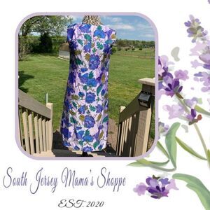 Vintage 1960s Hand Sewn Purple & Blue Butterfly Floral Dress Size L (C67)